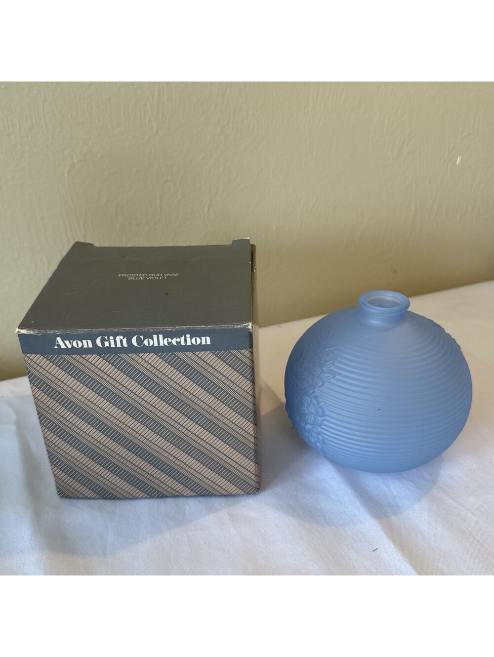 Vintage Frosted Blue Satin Glass Bud Vase Raised Floral Ribbed Design W/ Box